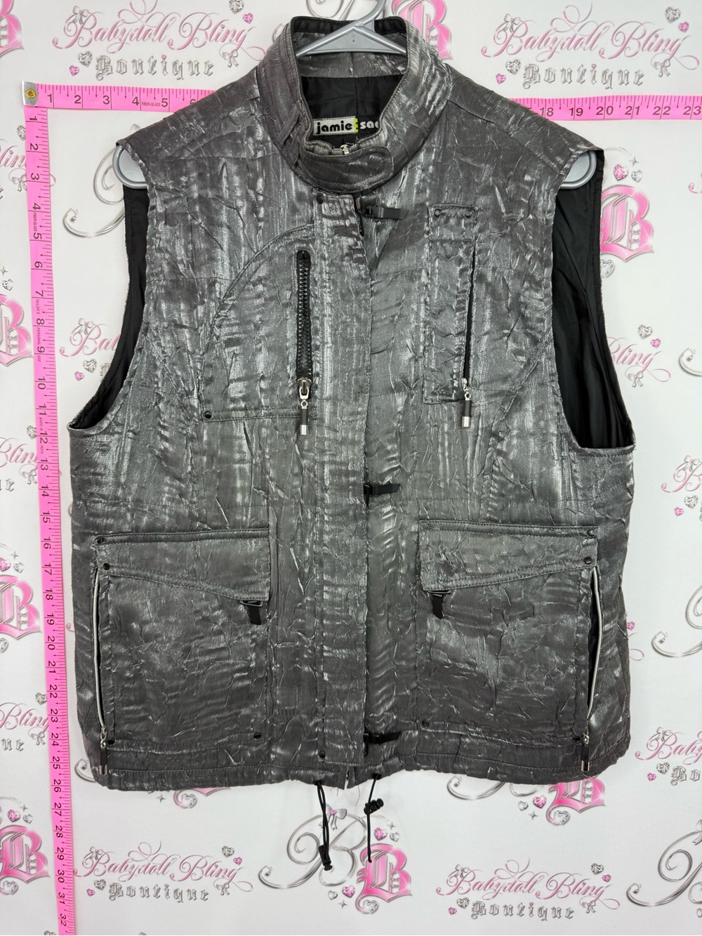 jamie sadock vest vintage shiny Metallic Silver Quilted Utility Vest cargo